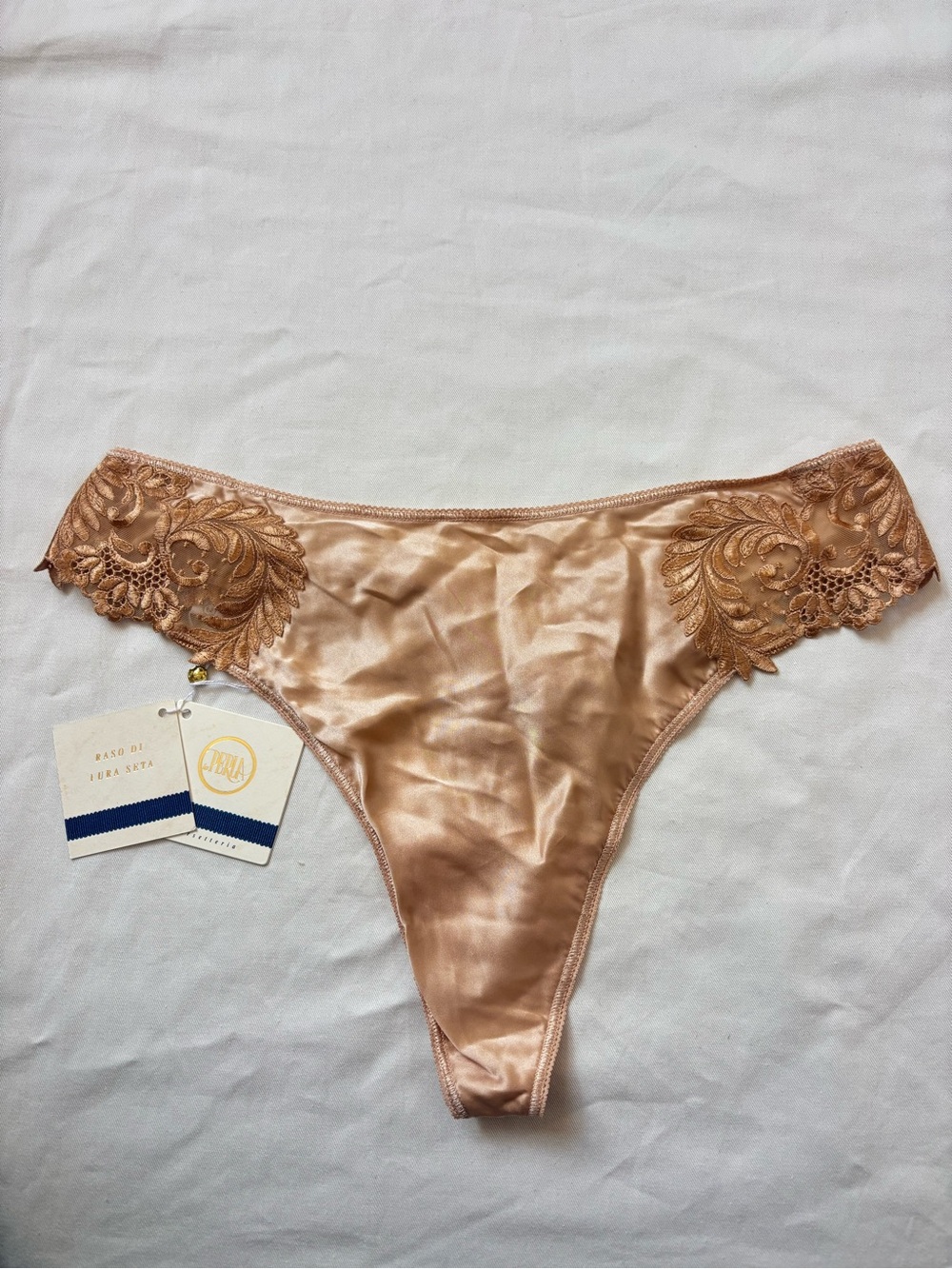 Vintage La Perla Silk Satin Lace-Embroidered Thong NWT